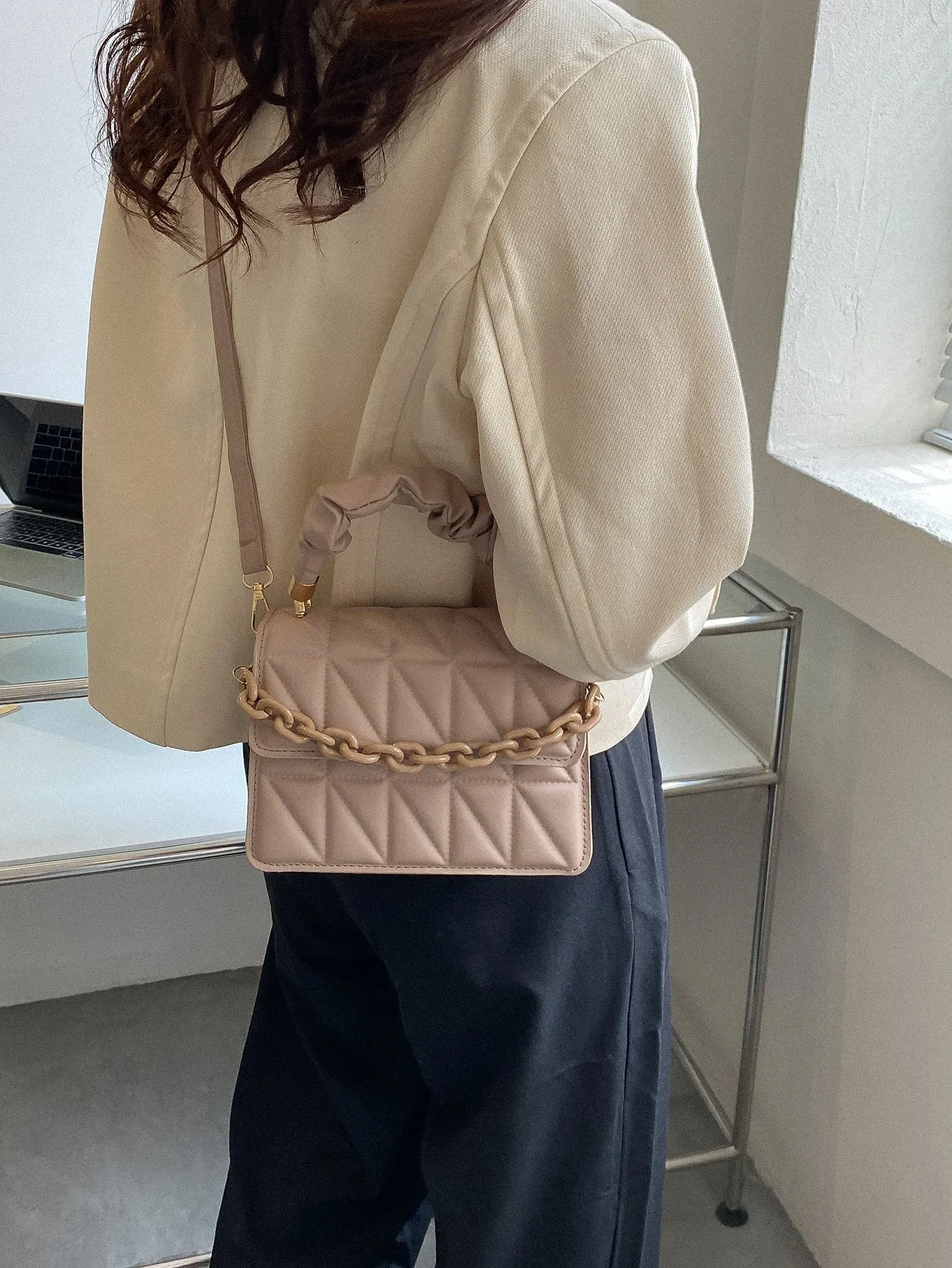 Mini Chain Decor Ruched Top Handle Quilted Flap Square Bag - Khaki