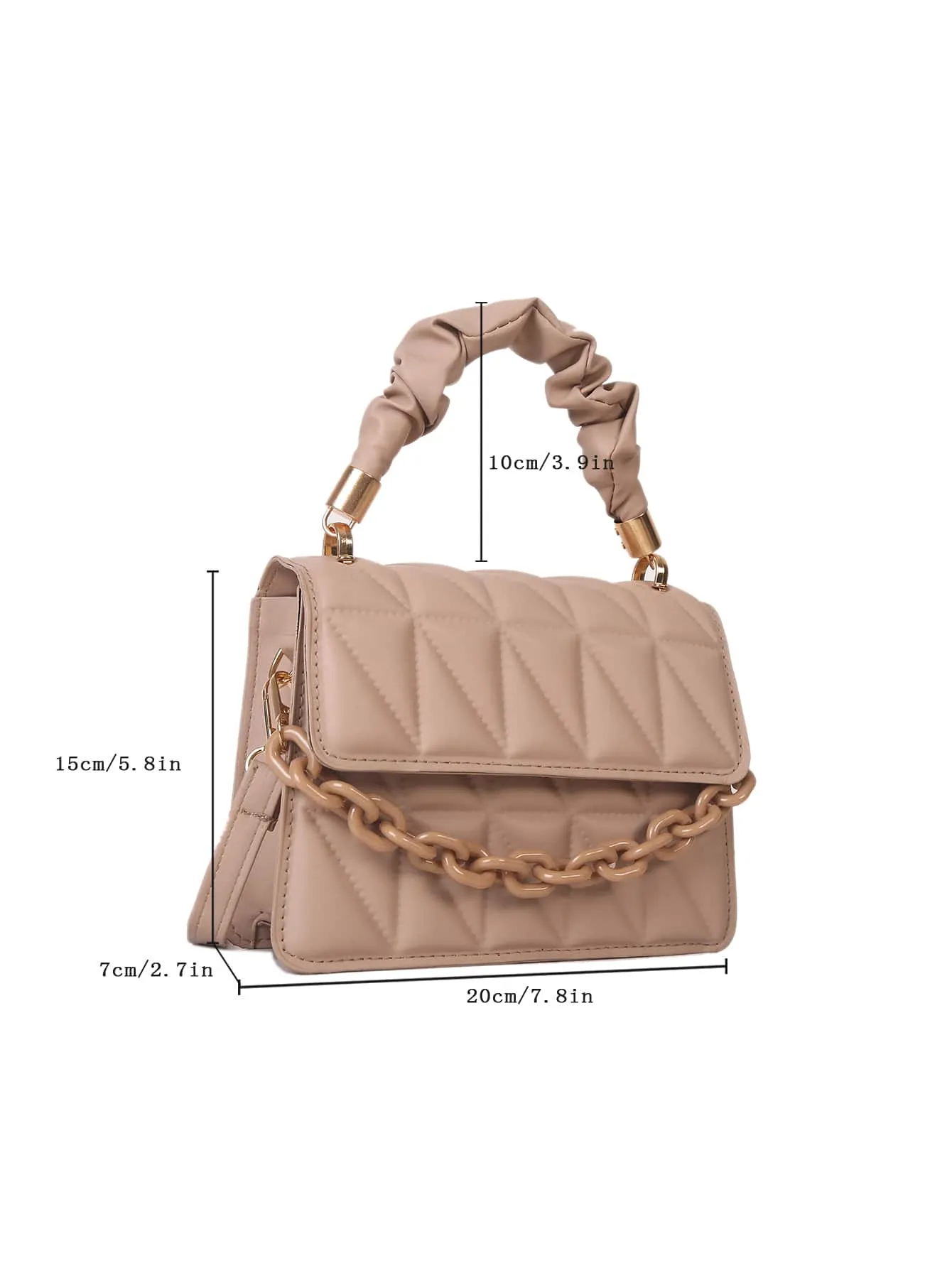 Mini Chain Decor Ruched Top Handle Quilted Flap Square Bag - Khaki