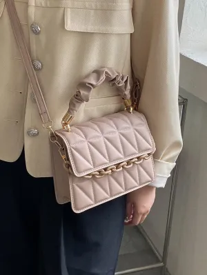 Mini Chain Decor Ruched Top Handle Quilted Flap Square Bag - Khaki