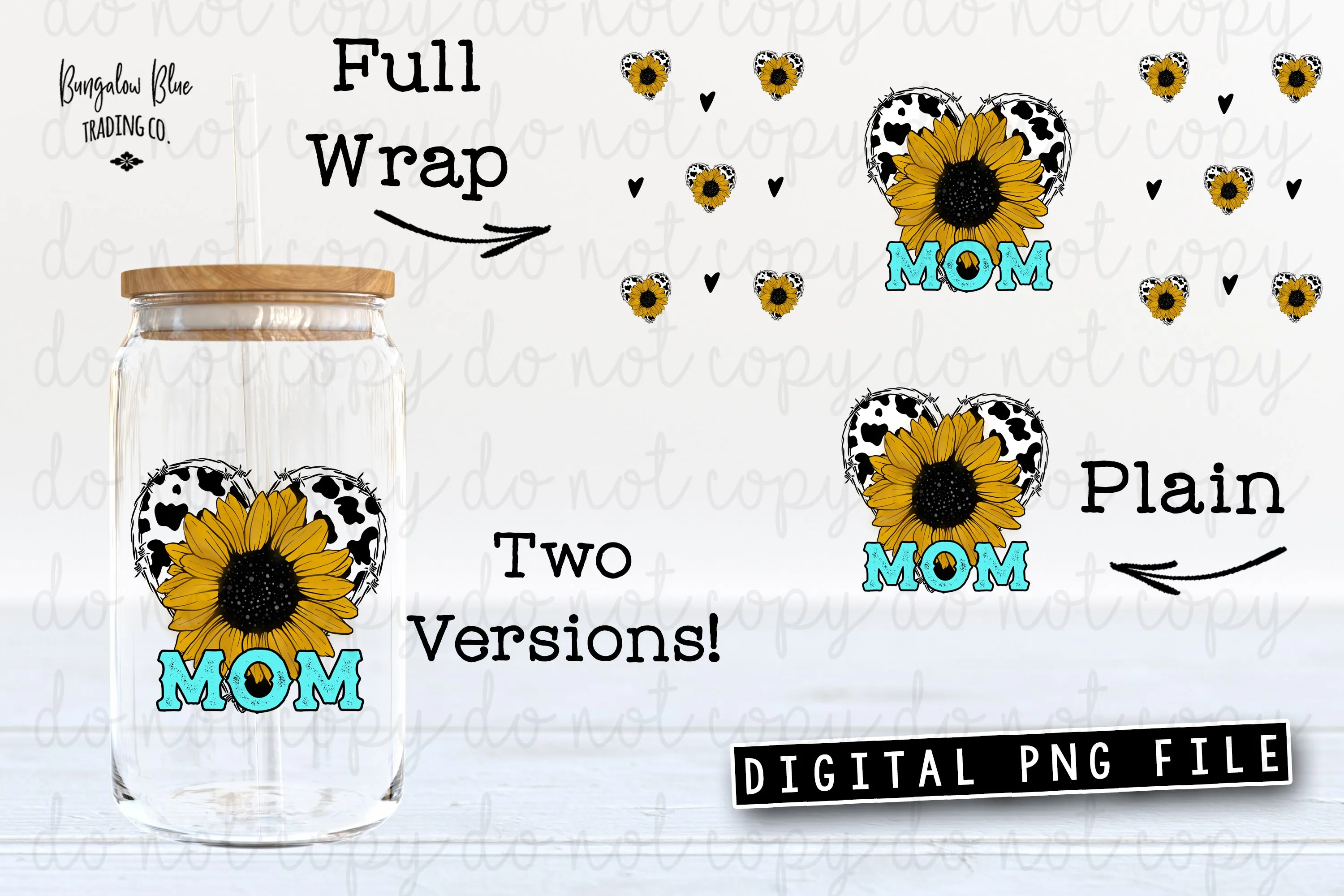 Mom Sunflower Cow Heart  Glass Can Tumbler Wrap Digital Download