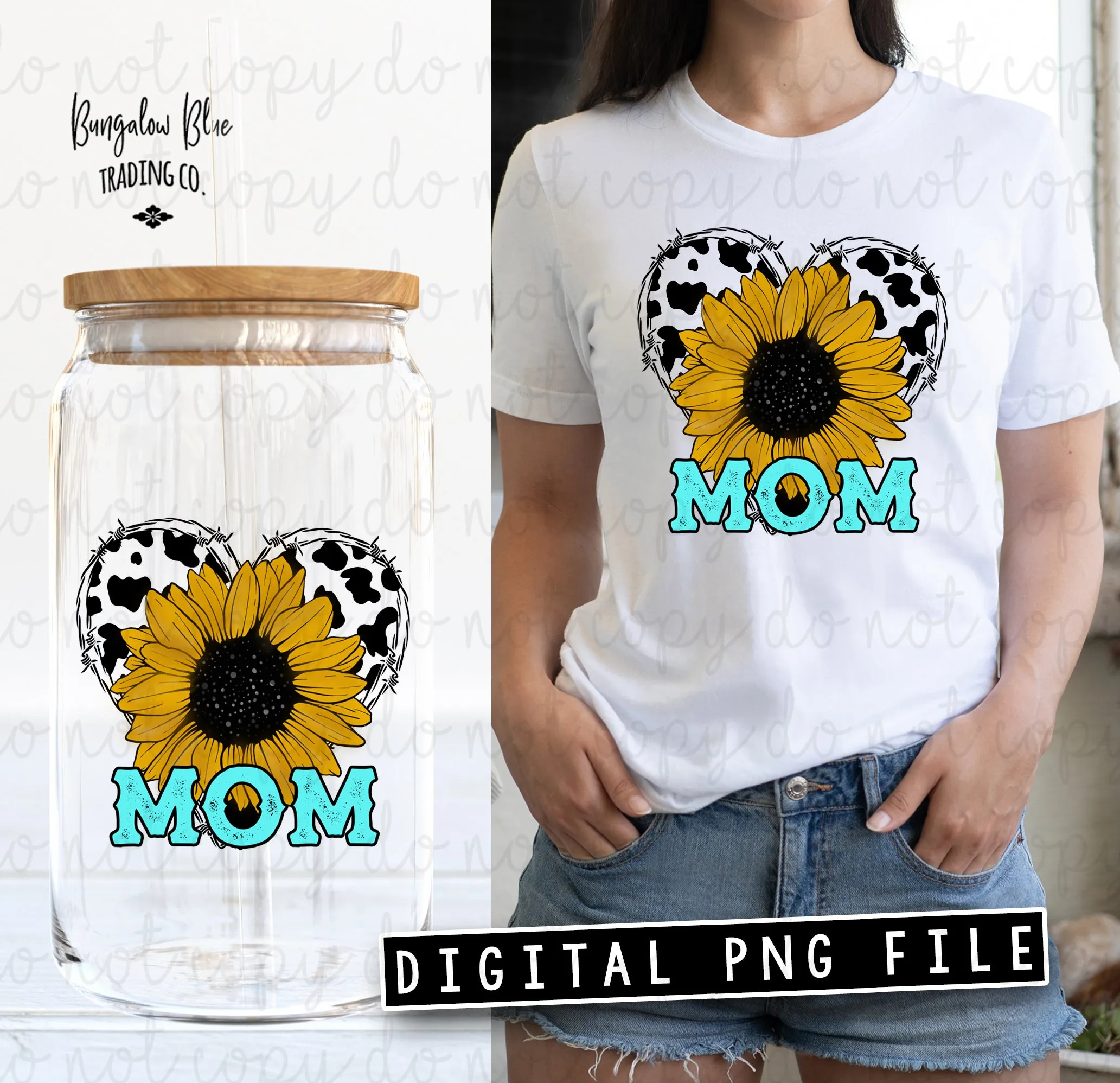 Mom Sunflower Cow Heart  Glass Can Tumbler Wrap Digital Download