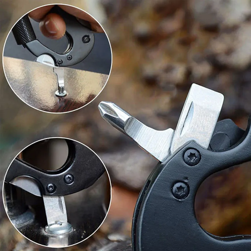 Multi-function 5 in 1 Carabiner Tool with Buckle Lock, Flat and Phillips Head Screwdriver