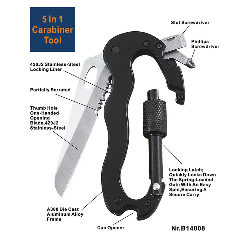 Multi-function 5 in 1 Carabiner Tool with Buckle Lock, Flat and Phillips Head Screwdriver