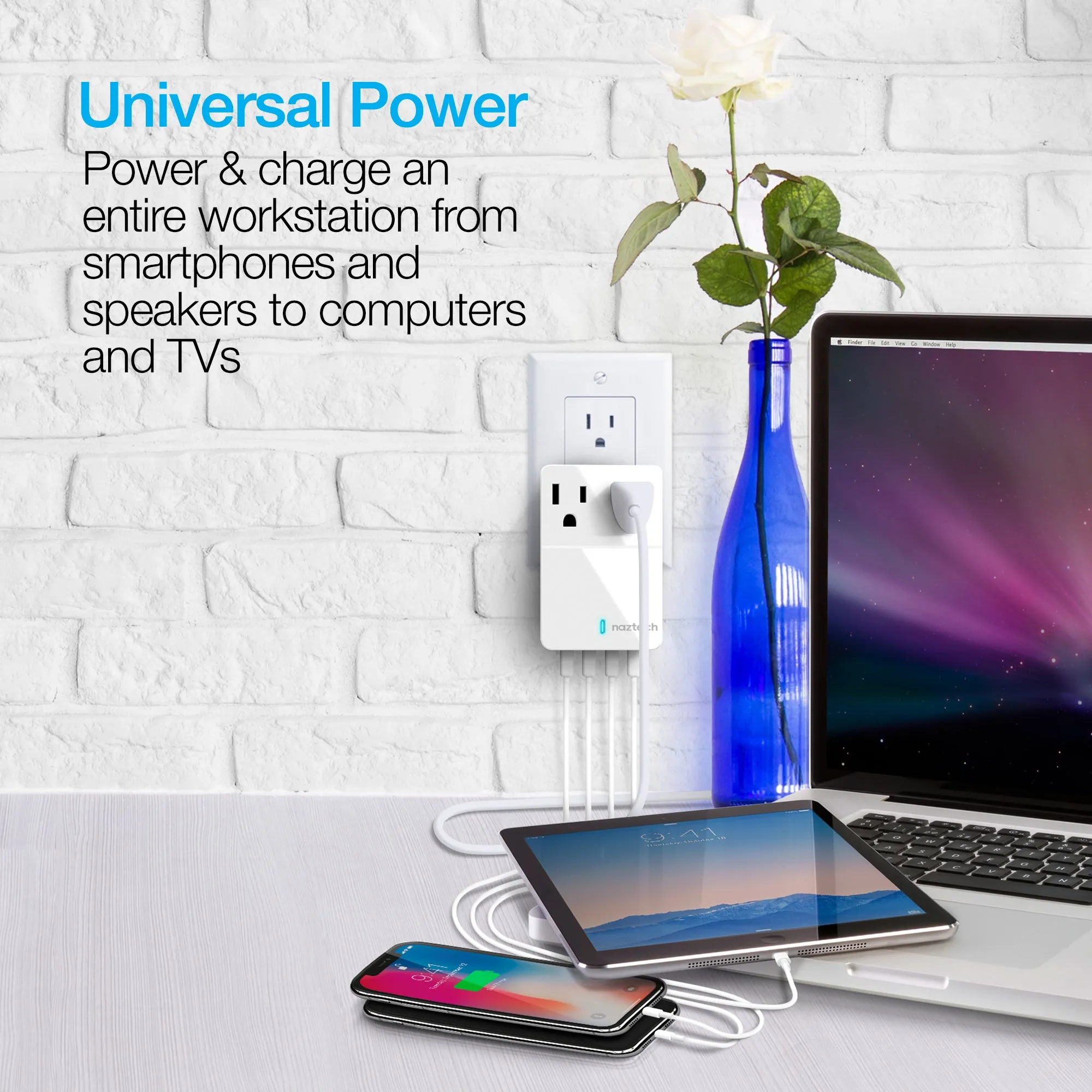 Naztech Fast Multi-Device Charger - 2 Outlets   4 USB - White