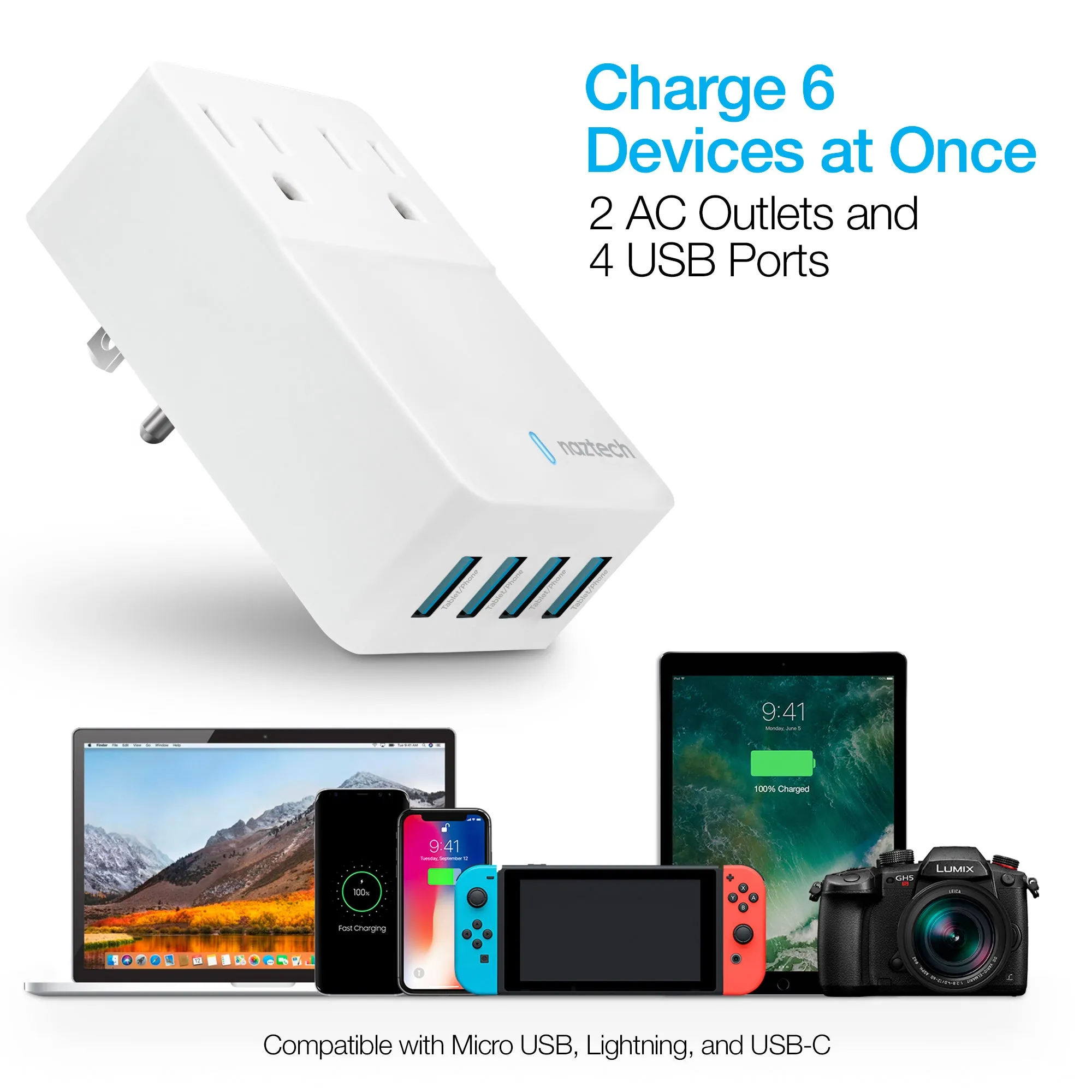 Naztech Fast Multi-Device Charger - 2 Outlets   4 USB - White