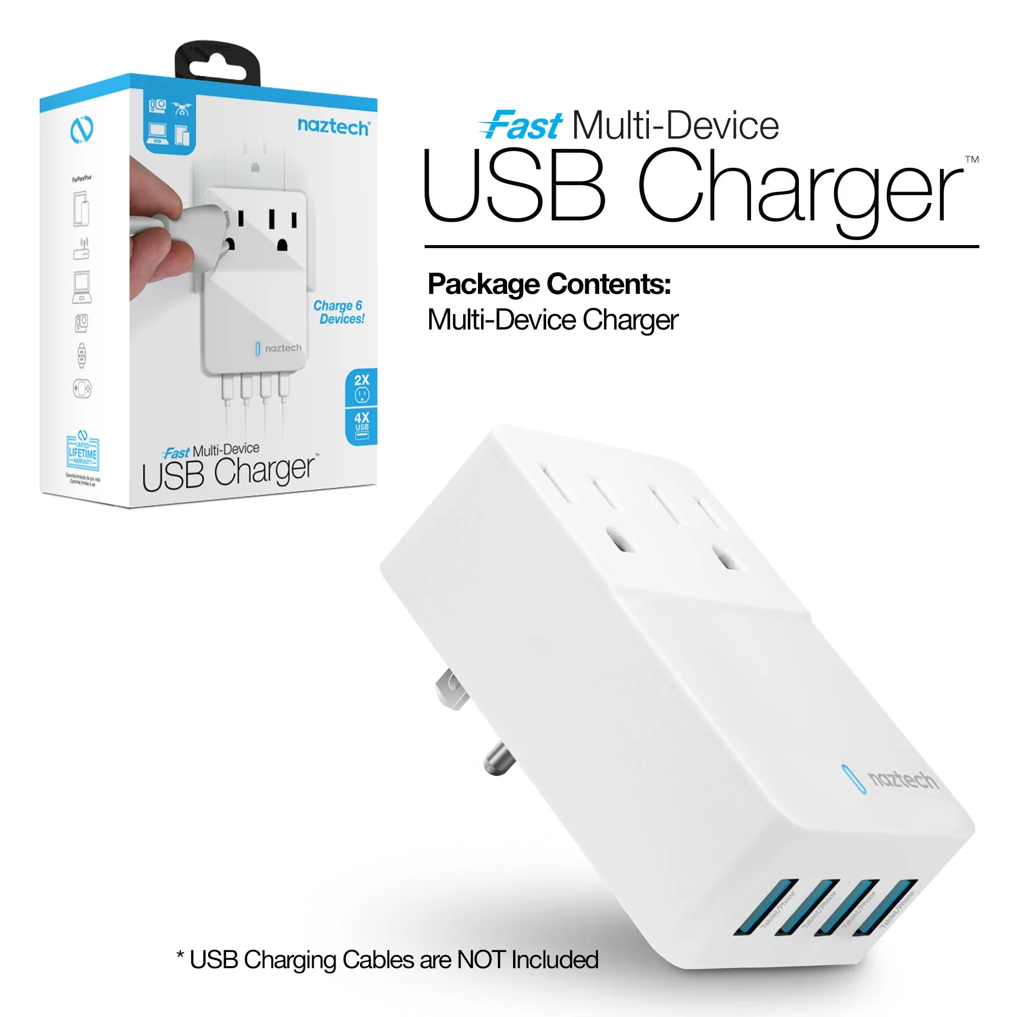 Naztech Fast Multi-Device Charger - 2 Outlets   4 USB - White