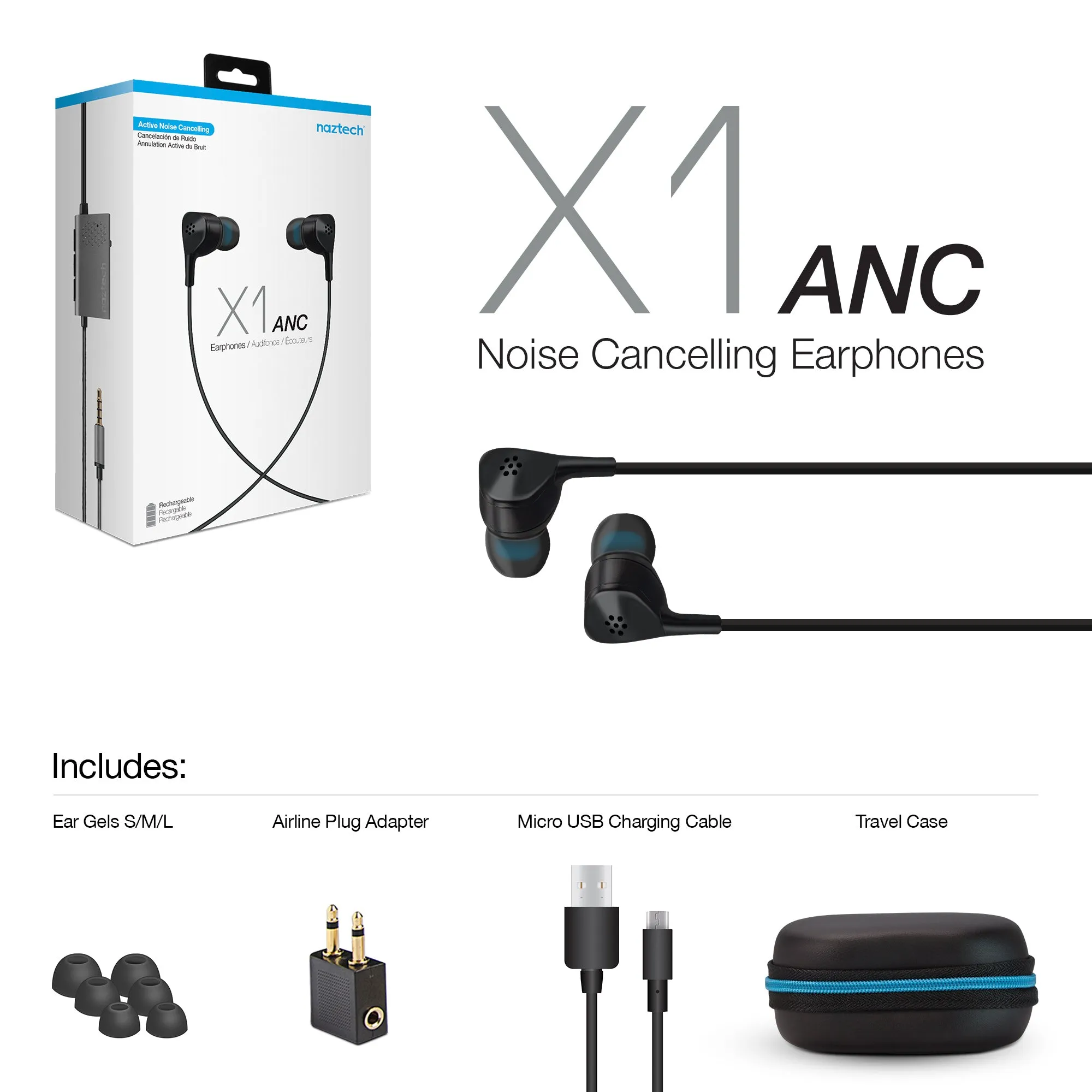 Naztech X1 Active Noise Cancelling Wired Earbuds