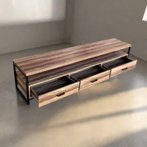 New Assembled Gravitti Wood & metal 3 Drawer Tv Stand/ Media Console 70X15x16 Rustic Wood Retails $210 