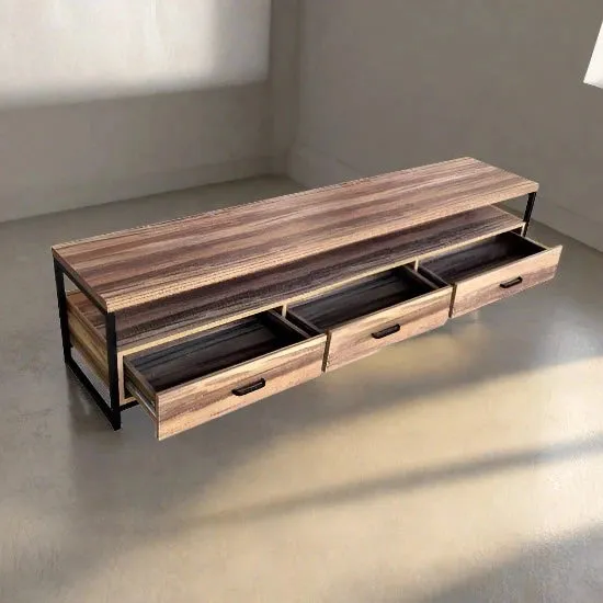New Assembled Gravitti Wood & metal 3 Drawer Tv Stand/ Media Console 70X15x16 Rustic Wood Retails $210 