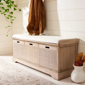 New assembled Wayfair Nelsen Upholstered Storage Bench  with 3 spacious basket drawers by Red Barrel Studio Retails $599 