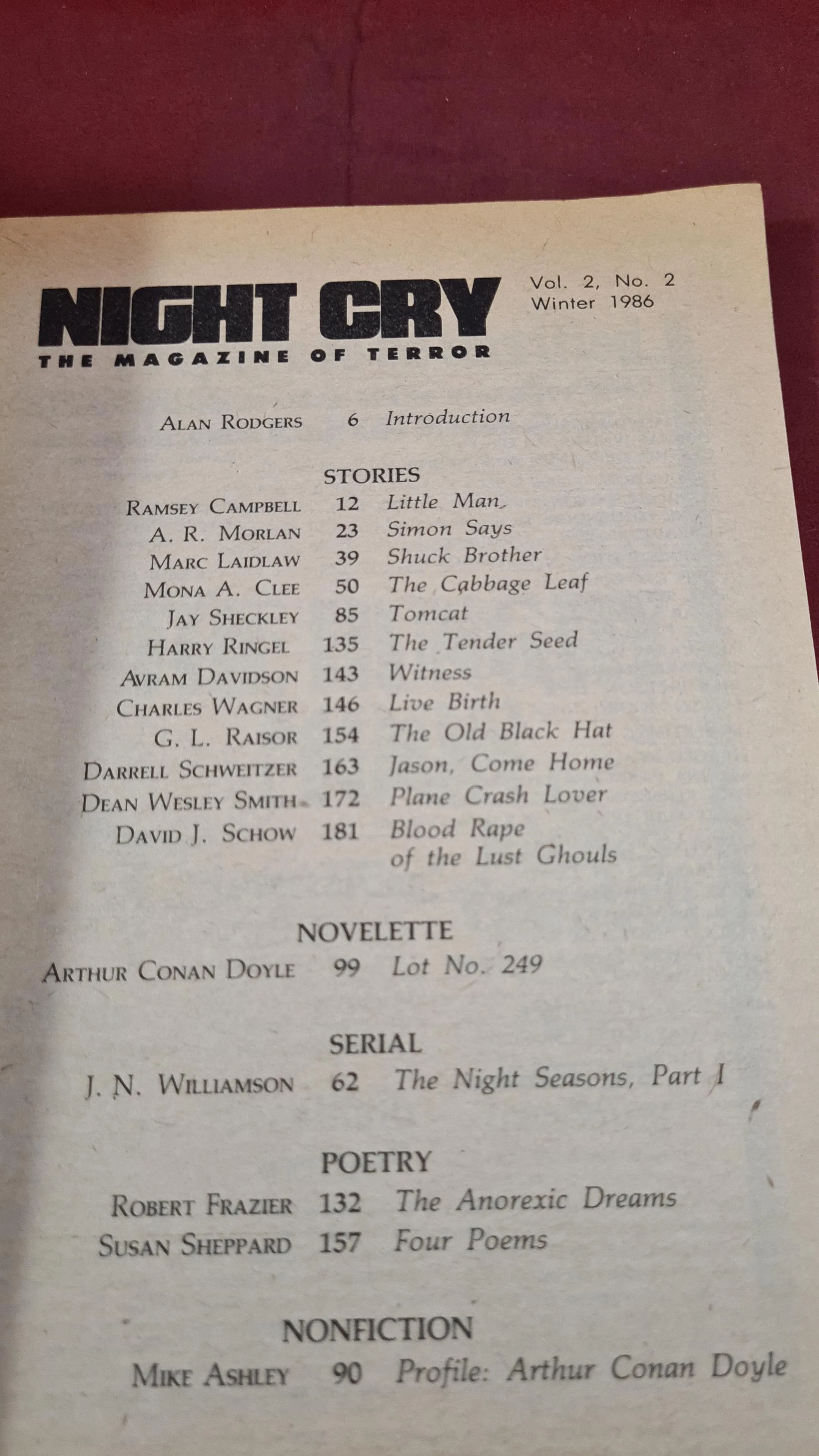 Night Cry - The Magazine Of Terror, Volume 2 Number 2 Winter 1986