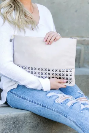 Oversized Studded Clutch- Bone