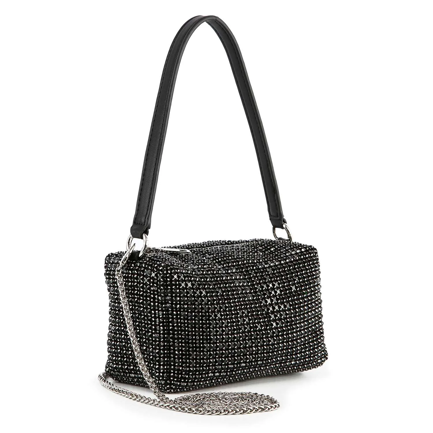 Petite Rhinestone Bling Shoulder Bag: Black