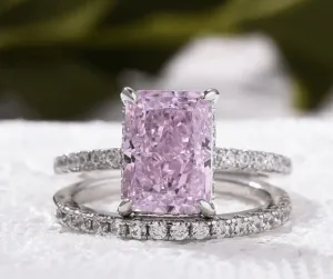Radiant Cut Elegant Pink Stone Wedding Ring Set