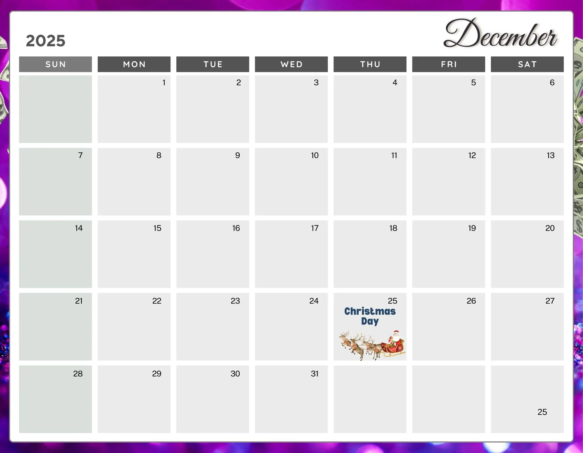 Rags to Riches 2025 Calendar Printable Planner, Digital Calendar 2025, Wall Calendar PDF Editable Calendar, Monthly Planner, Digital Planner