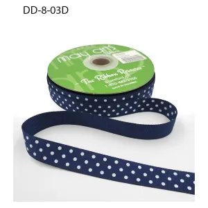 Ribbon - 5/8 Inch Grosgrain Printed Dots Ribbon with Woven Edge - Navy/White Dots