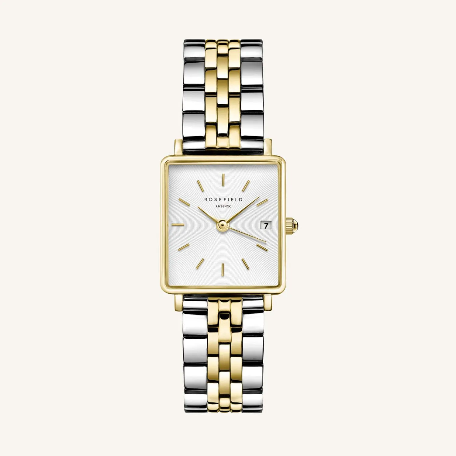 Rosefield The Boxy XS White Sunray Steel Silver Gold Duo Ladies Watch