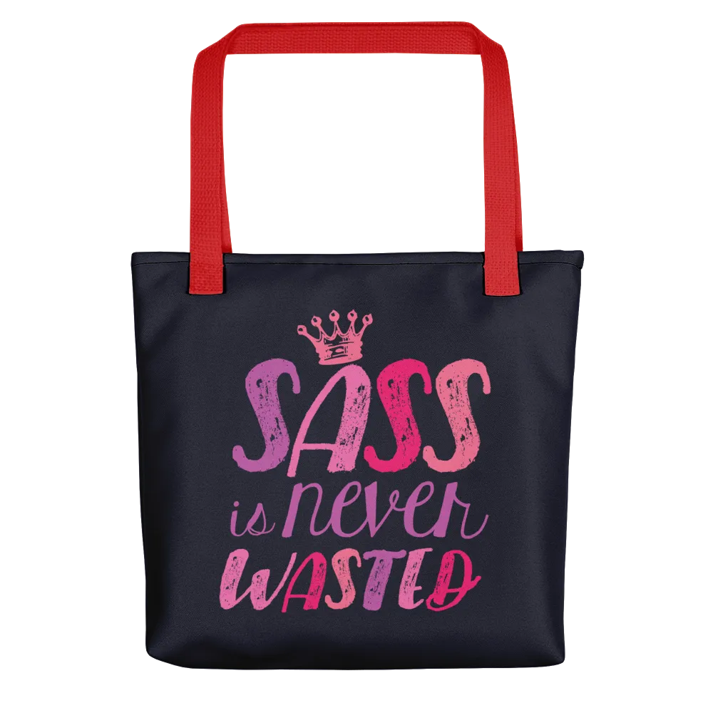 Sass is Never Wasted (Pink on Navy Tote Bag)