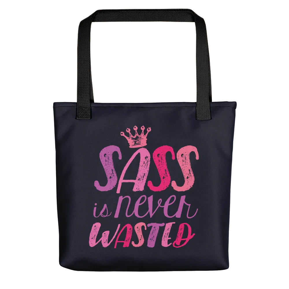 Sass is Never Wasted (Pink on Navy Tote Bag)