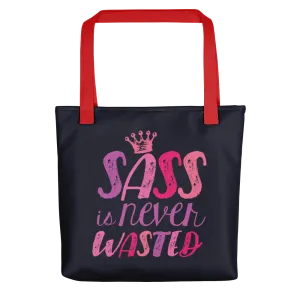 Sass is Never Wasted (Pink on Navy Tote Bag)