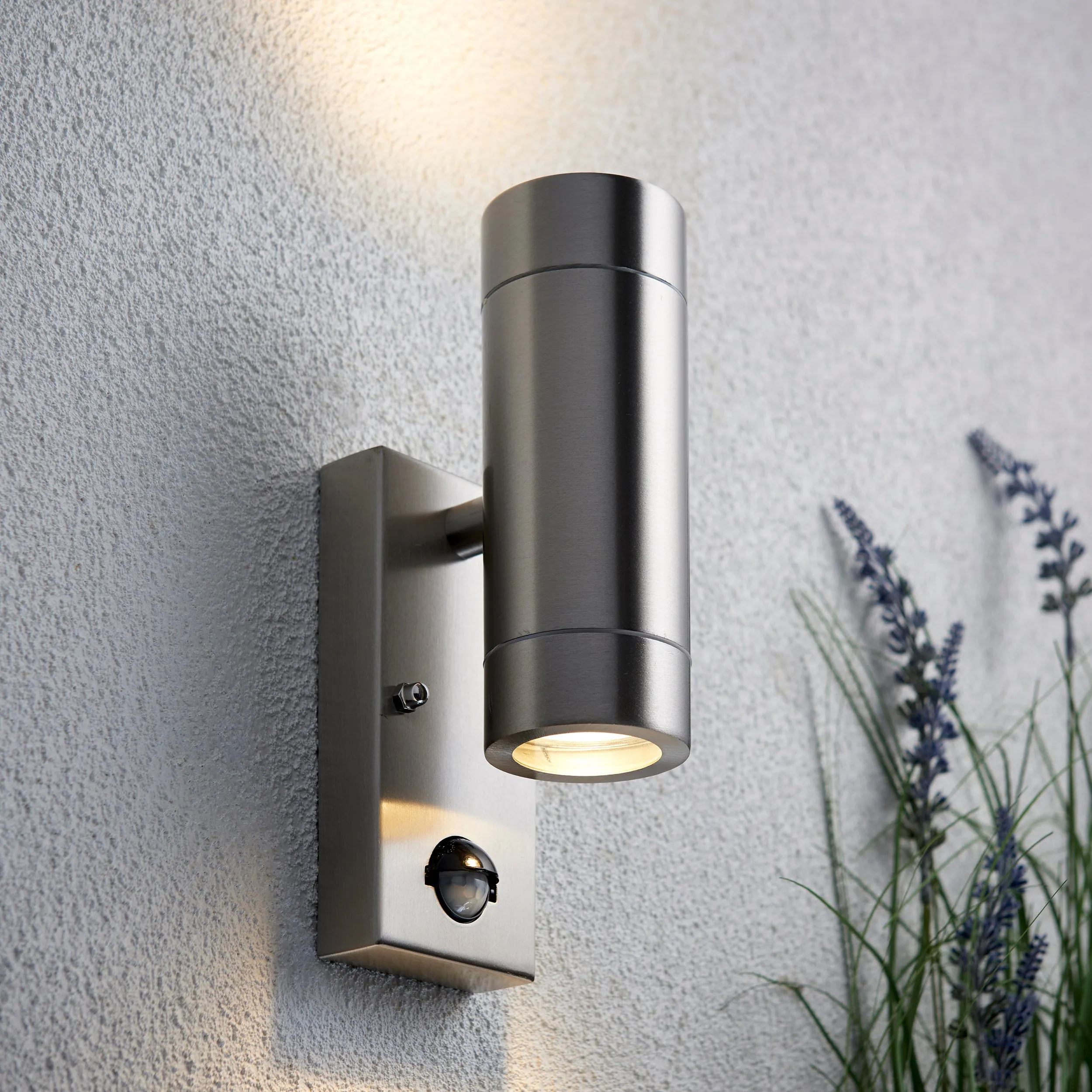 Saxby 75430 Palin PIR 2lt wall IP44 7W Brushed stainless steel & clear glass 2 x 7W LED GU10 (Required)