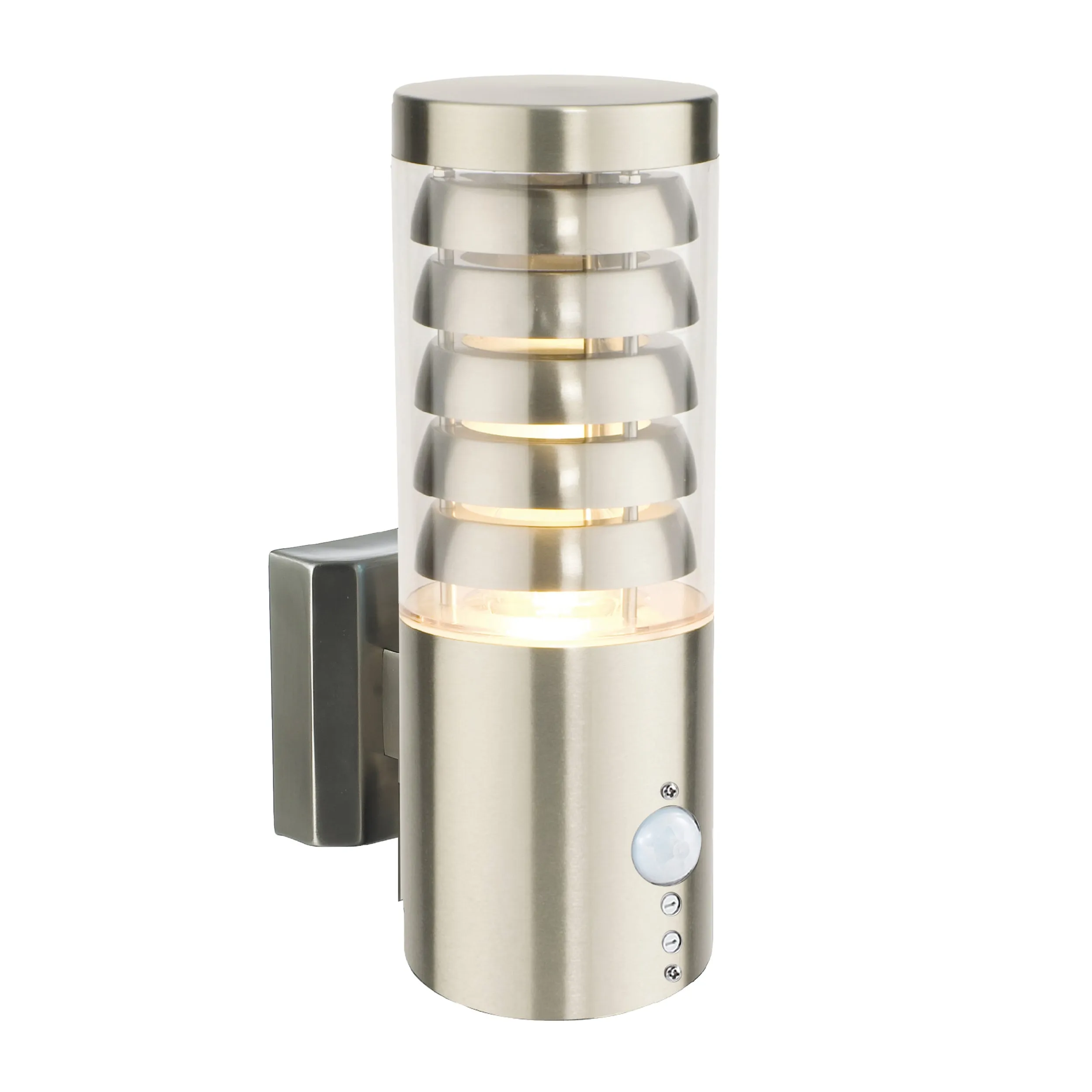 Saxby 92532 Tango wall PIR IP44 8W Brushed stainless steel & clear pc 8W LED E27 Cool White (Required)