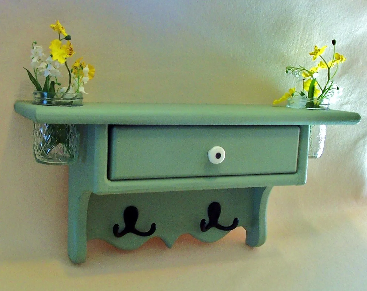 Shelf with Drawer - Jar Vases - Coat Hooks - Coat Rack - Painted Wood