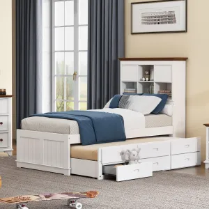 Twin Solid Pine Captain Bookcase Bed with Trundle 3 Spacious Under