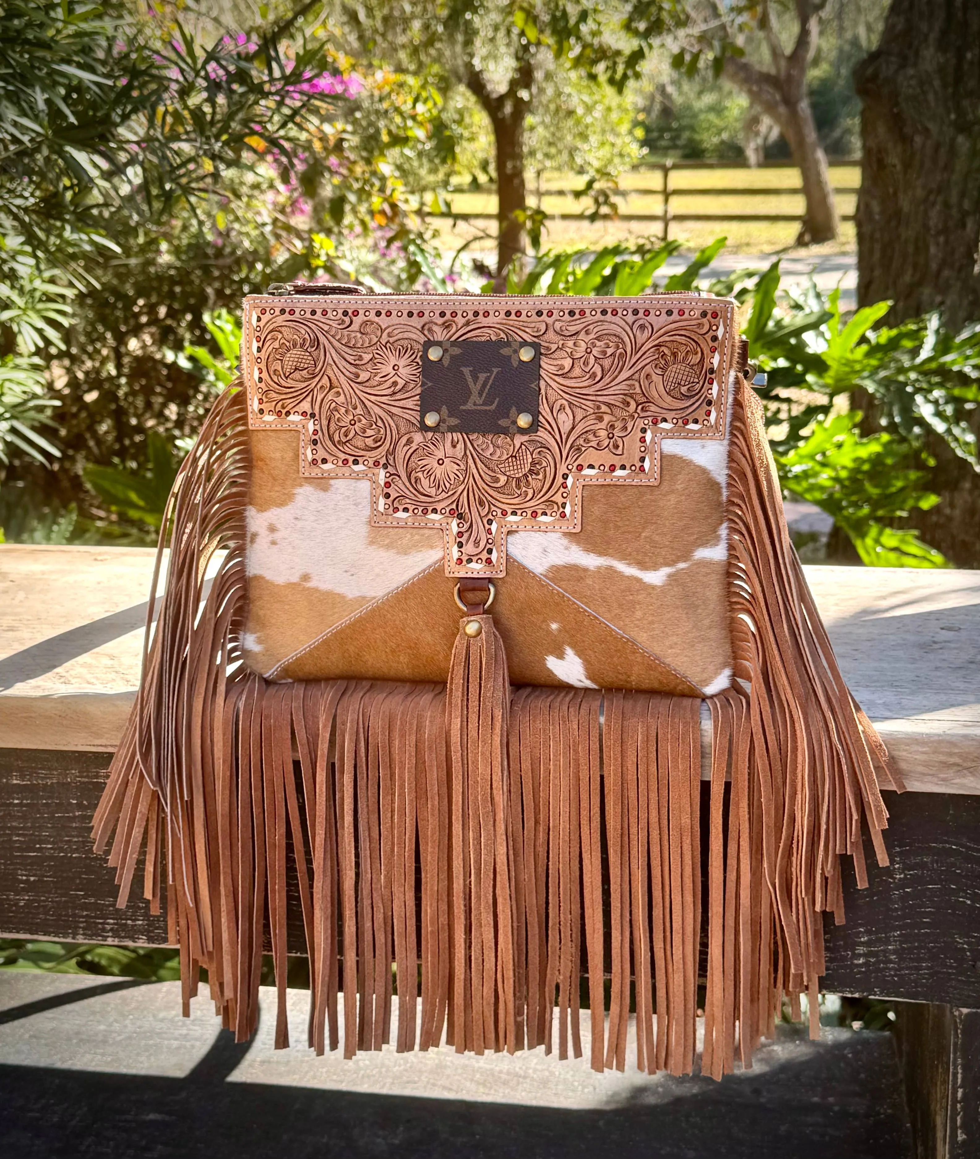 Upcycled LV Tooled Leather Cowhide Fringe Crossbody Bag 