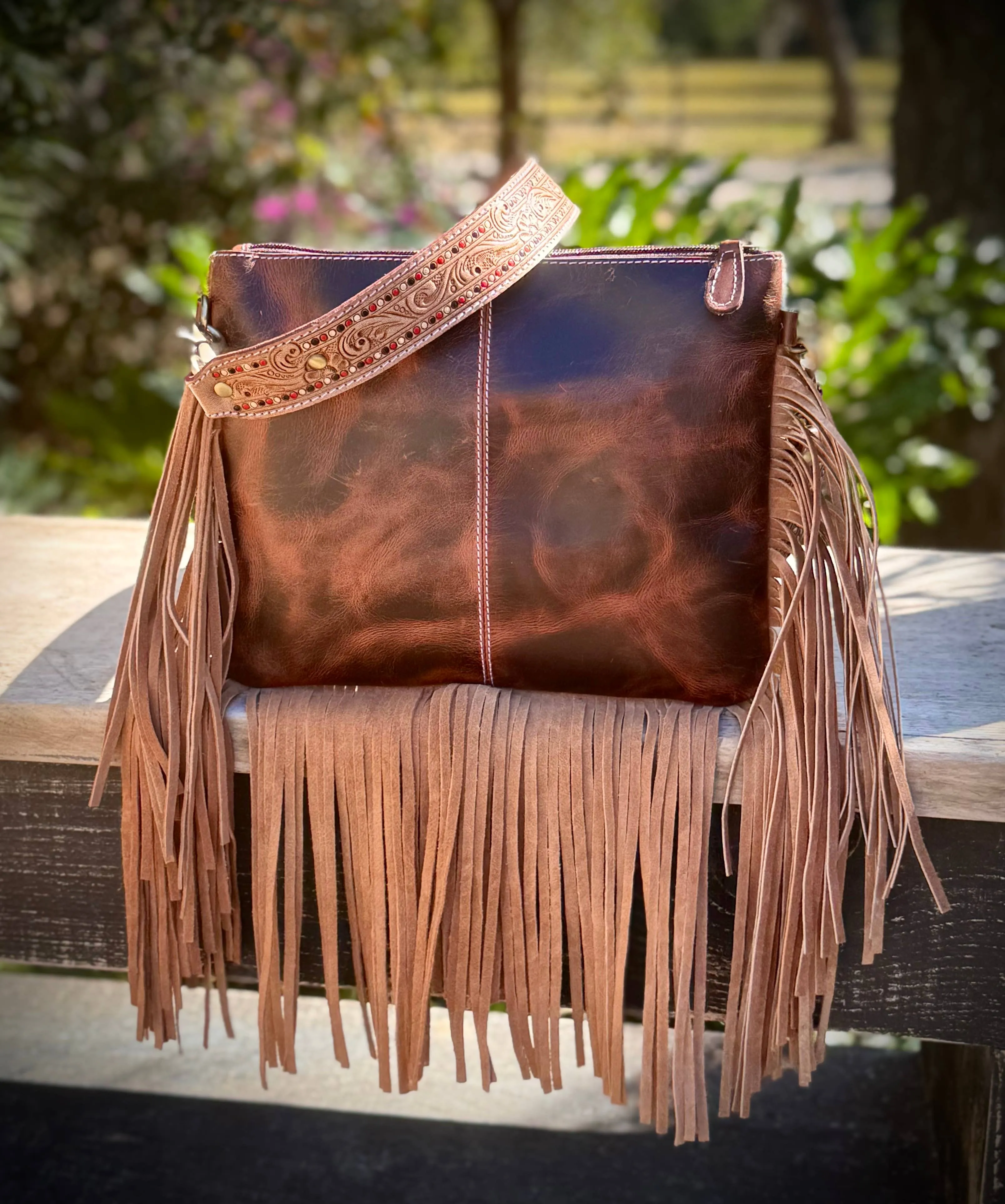 Upcycled LV Tooled Leather Cowhide Fringe Crossbody Bag 