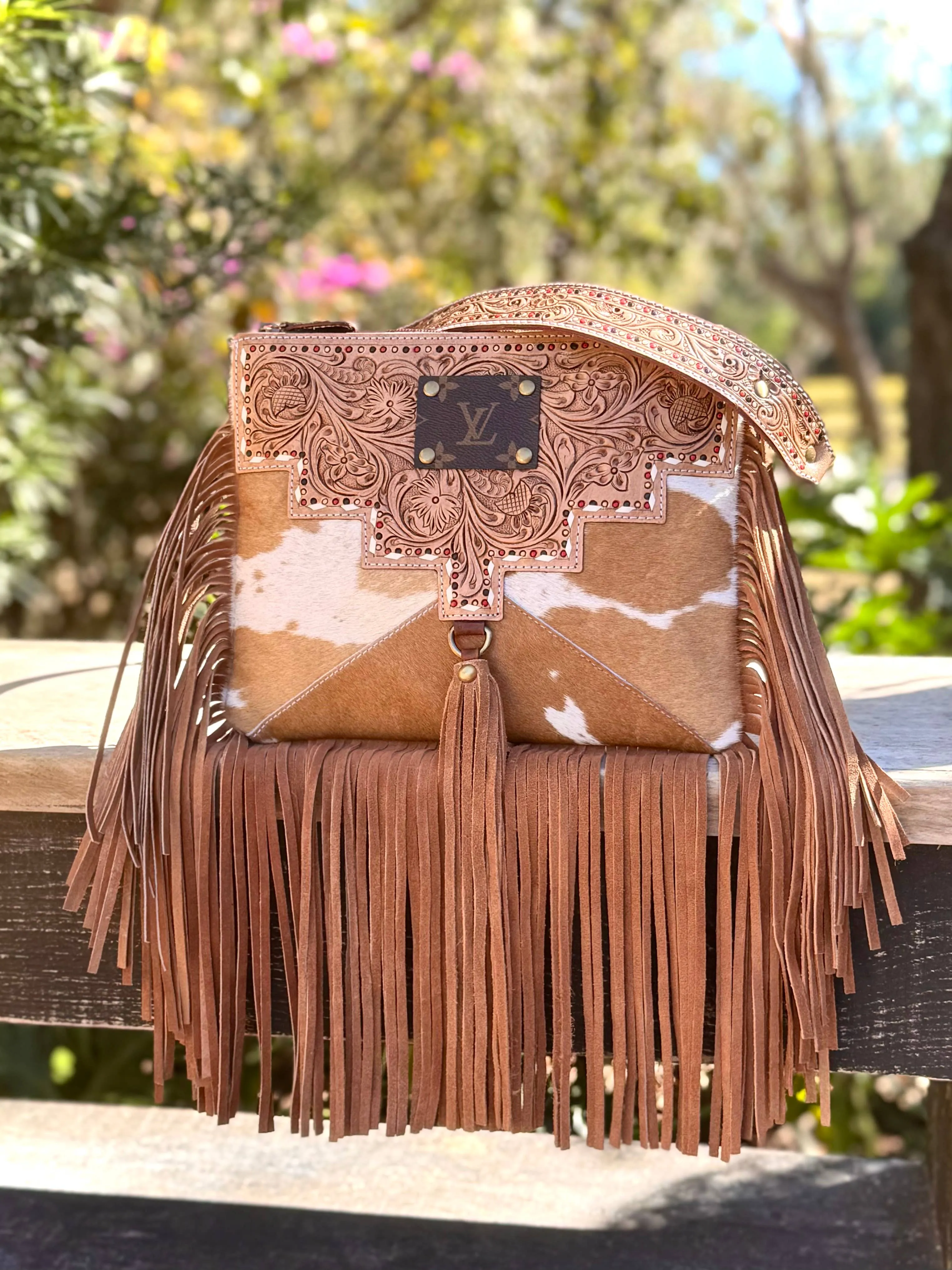 Upcycled LV Tooled Leather Cowhide Fringe Crossbody Bag 