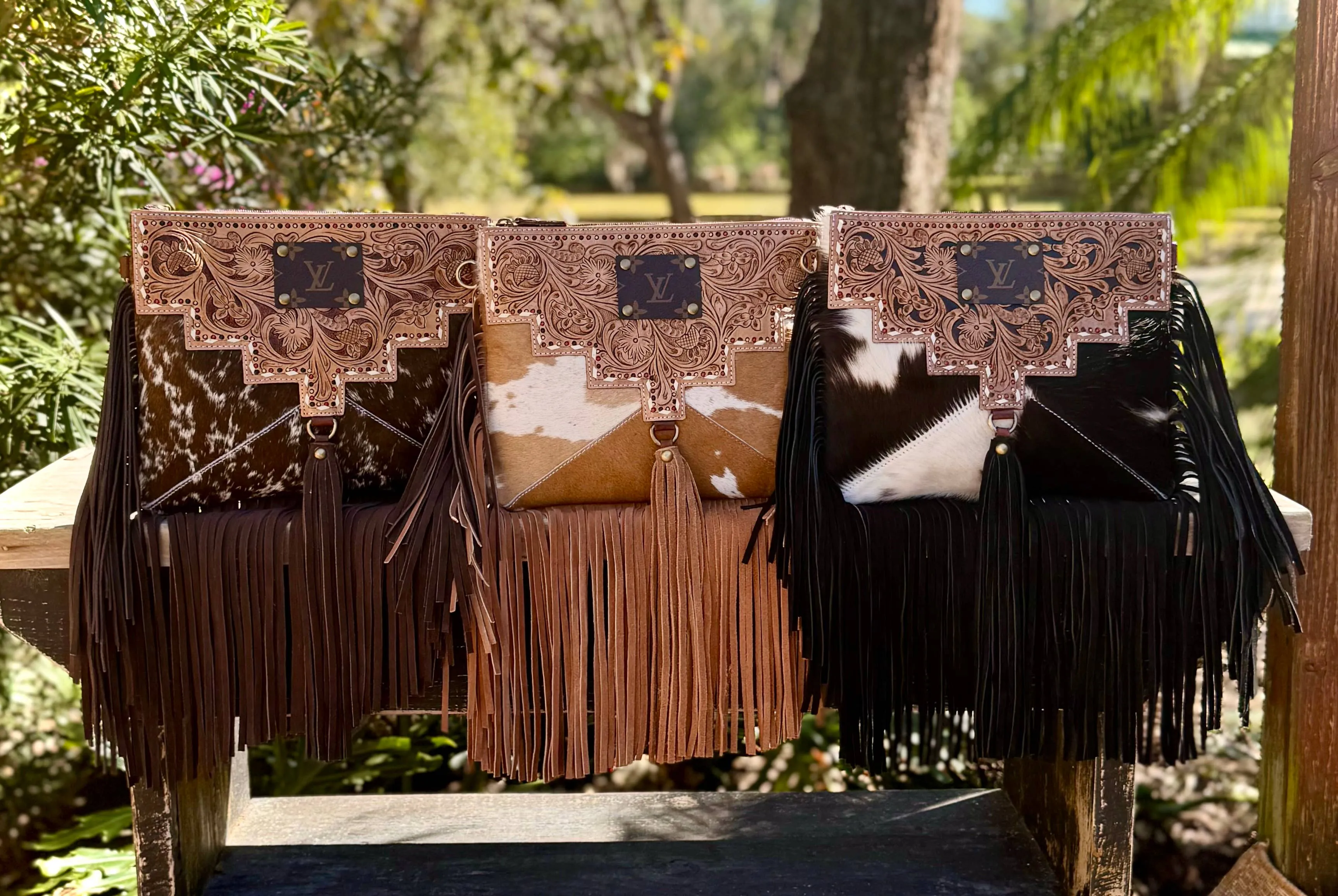 Upcycled LV Tooled Leather Cowhide Fringe Crossbody Bag 