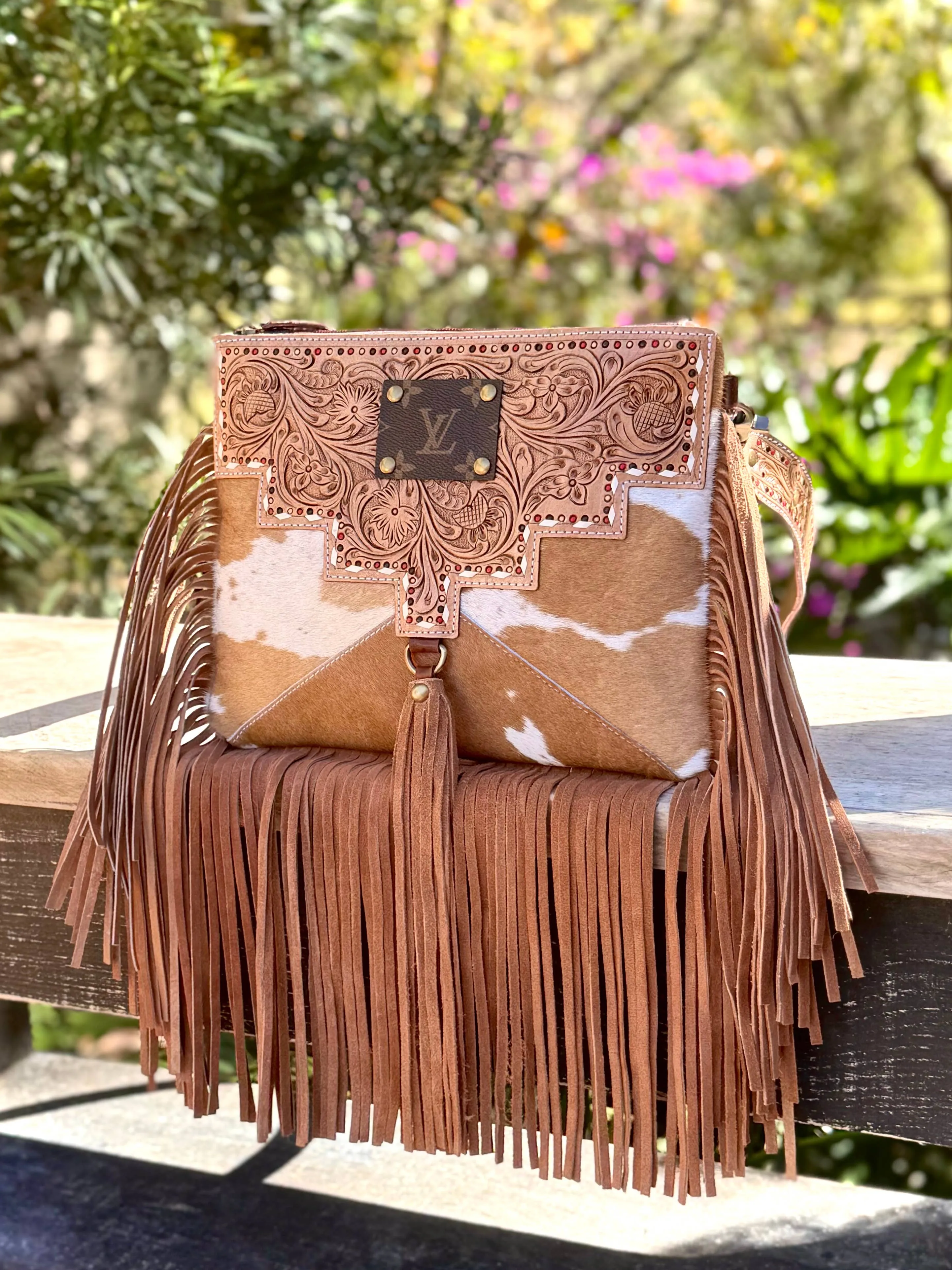 Upcycled LV Tooled Leather Cowhide Fringe Crossbody Bag 