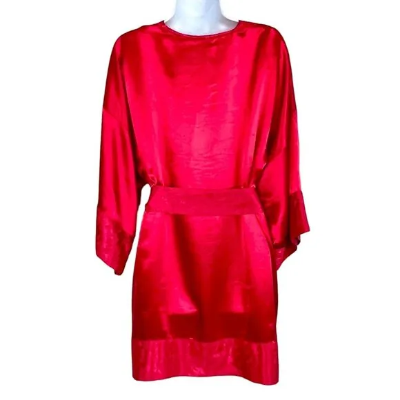Vintage Victoria's Secret Gold Label Short Robe Kimono Style Red Satin OSFA EUC