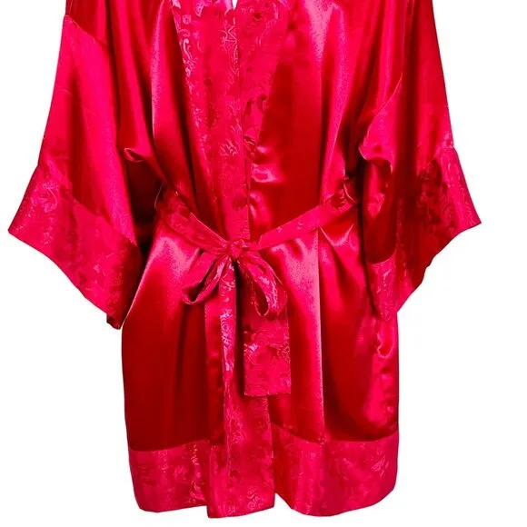 Vintage Victoria's Secret Gold Label Short Robe Kimono Style Red Satin OSFA EUC