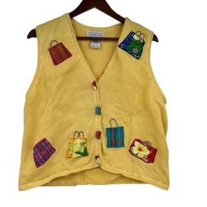 VINTAGE Yellow Shop Til You Drop Vest Embroidered Applique Purses size large