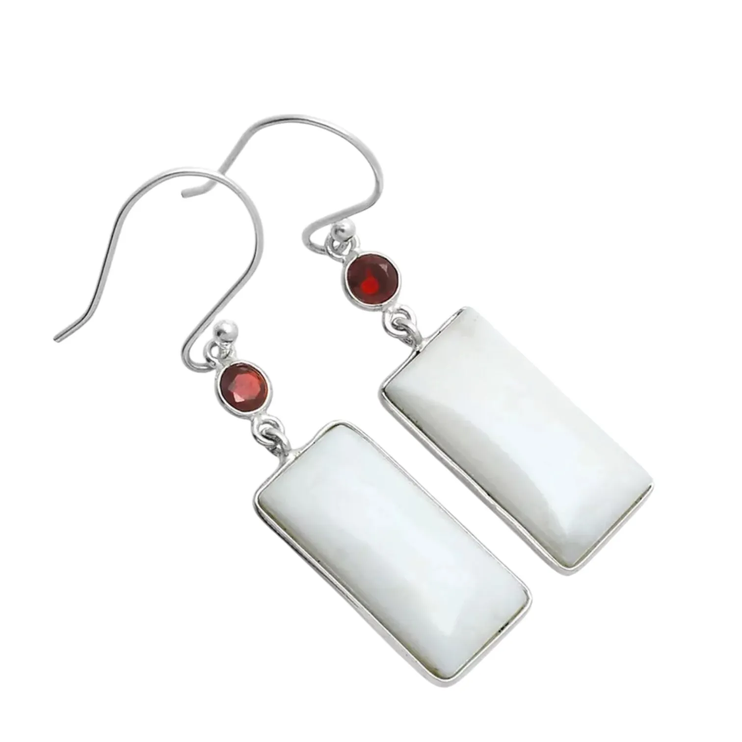 White Opal & Garnet Solid 925 Sterling Silver Earrings