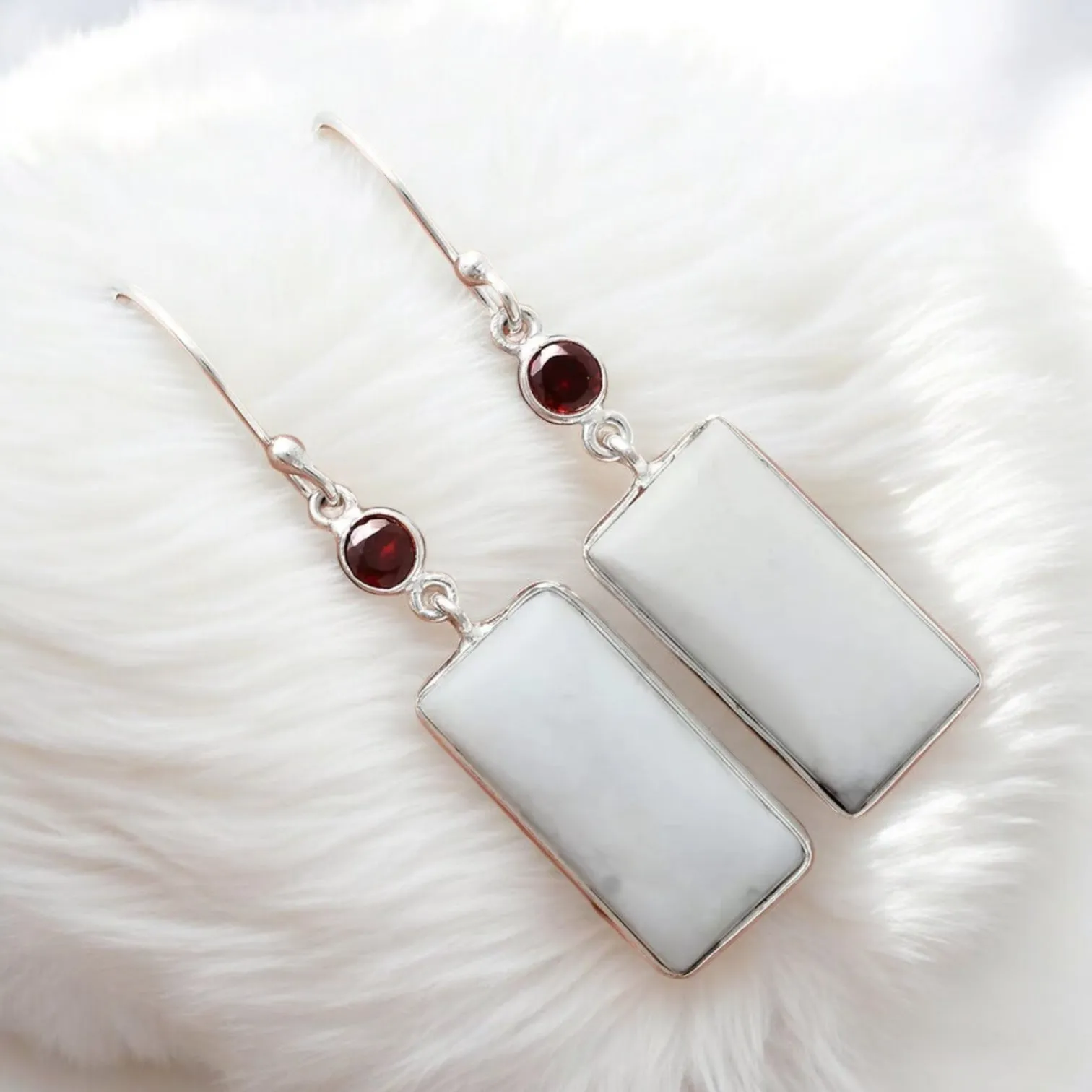 White Opal & Garnet Solid 925 Sterling Silver Earrings